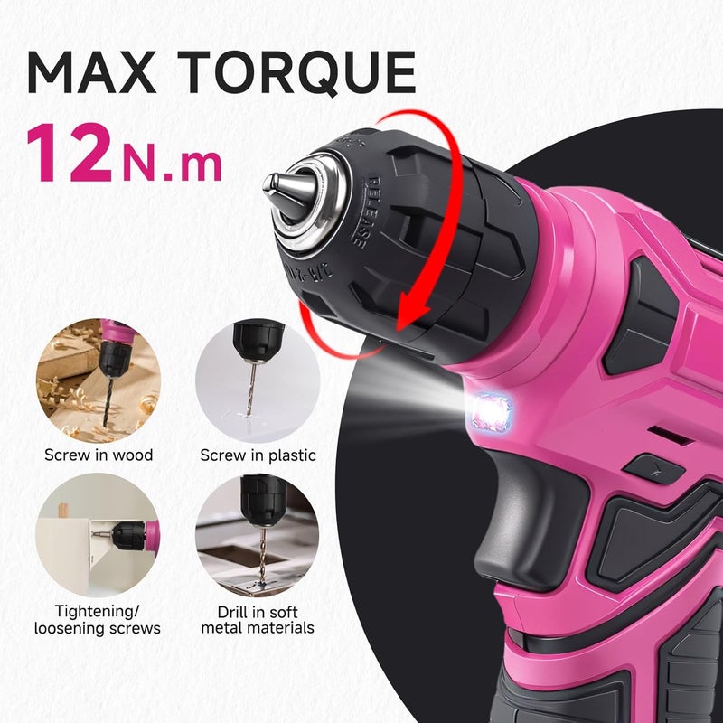prekull Tool Set - Tool Kit with 8V Cordless Drill, 132 Piece Tool Box with Drill, Home Tool Kits for Women & Men, Hand Drill Set Perfect for Homeowner, Diyer, Handyman - Pink - Image 2
